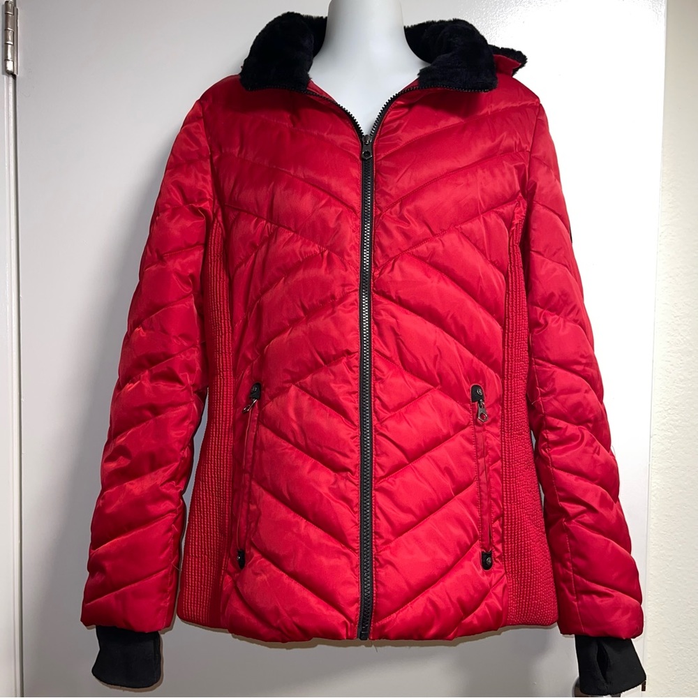 Nautica Red Puffer Parka with Black Fur Trim Size L